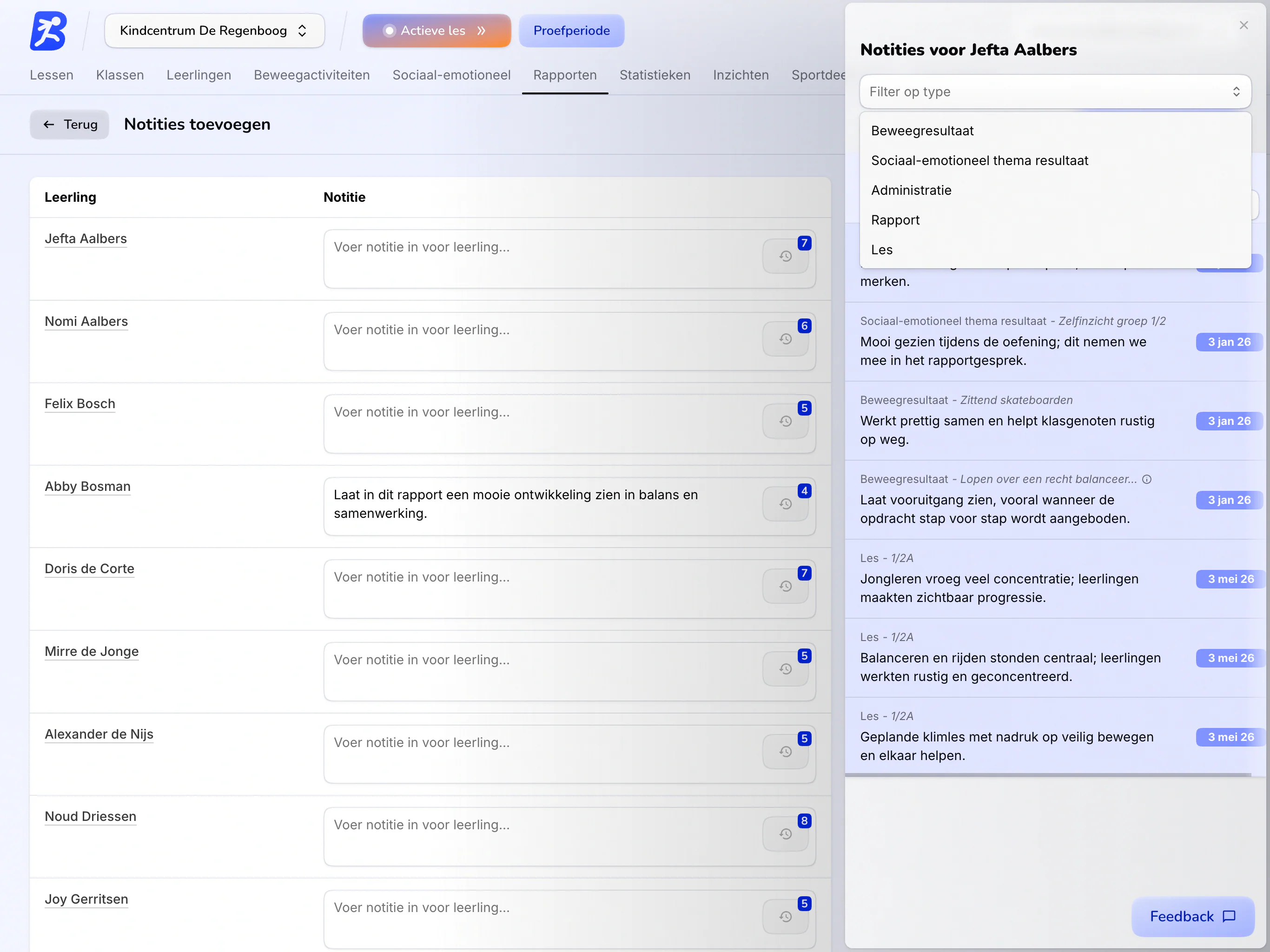 Rapport notities filter